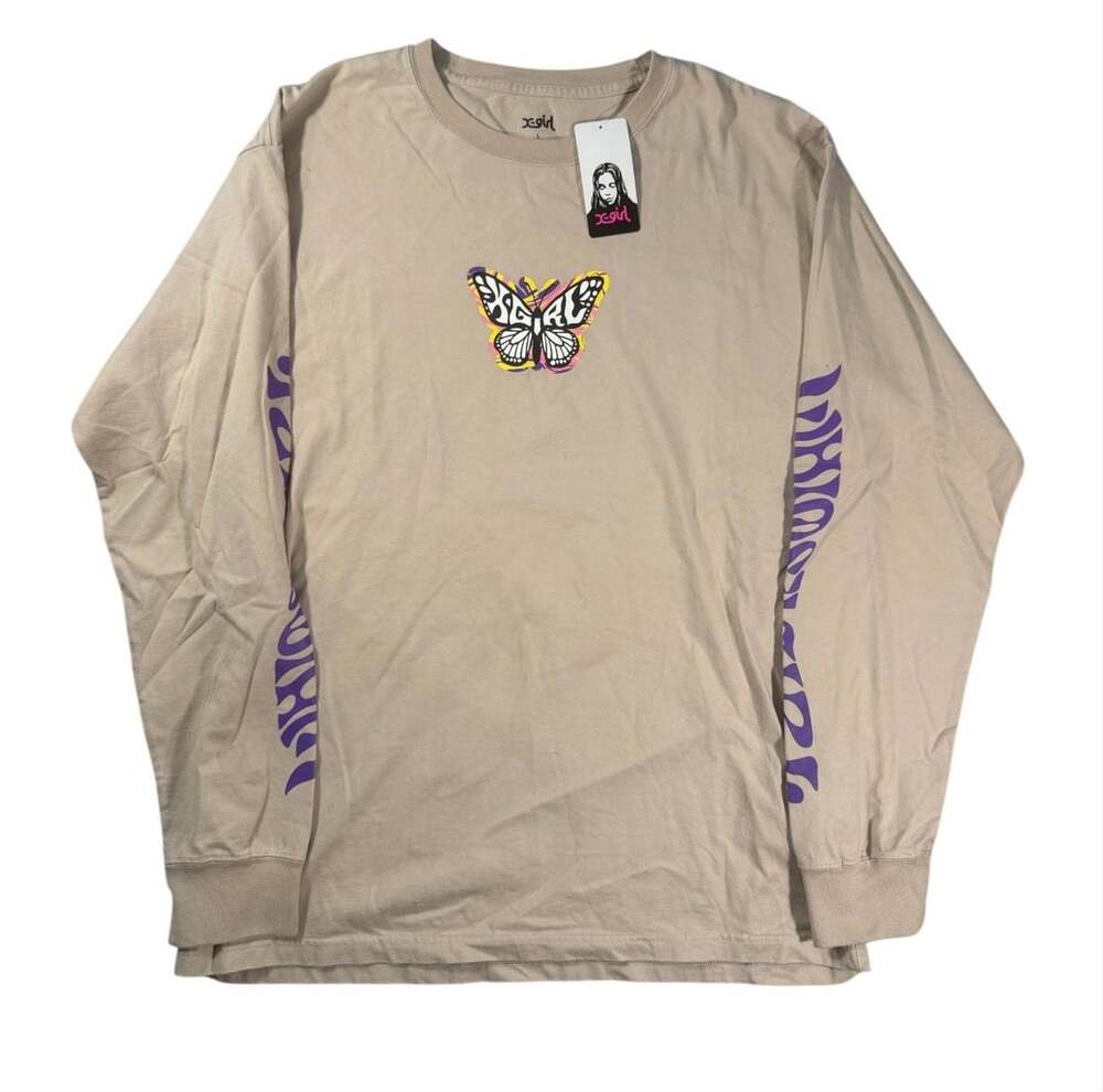 NWT X-Girl Butterfly Long Sleeve T-Shirt Beige